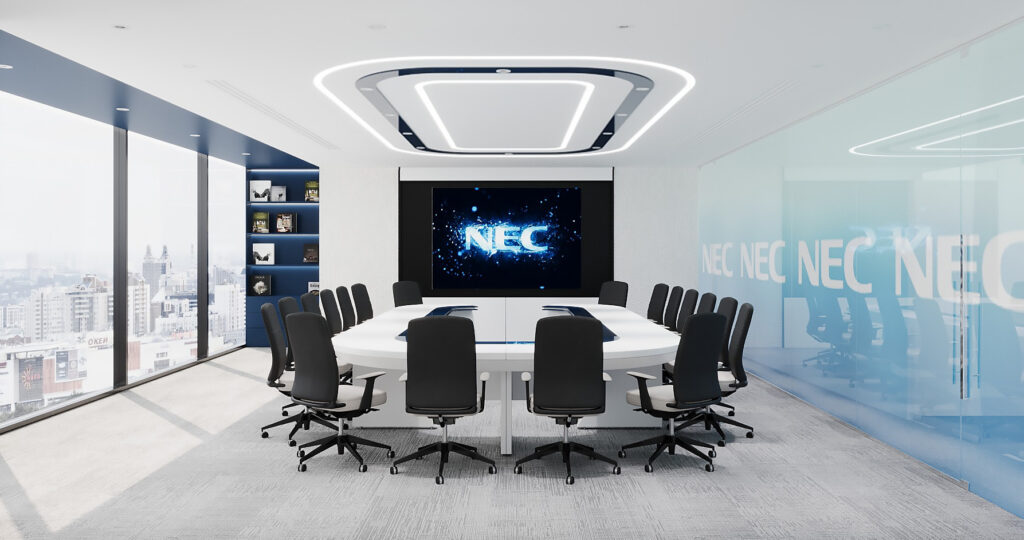 Phòng họp cao cấp của NEC được thiết kế với bàn họp oval sang trọng kết hợp cửa sổ kính trong suốt giúp tận dụng ánh sáng bên ngoài