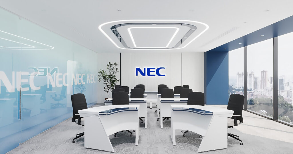 Phòng thảo luận của NEC được thiết kế hiện đại, tối giản với gam màu xanh, trắng chủ đạo tạo nên vẻ chuyên nghiệp