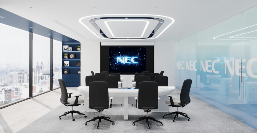 Mẫu phòng họp công ty quốc tế cực ấn tượng có điểm nổi bật ở hệ trần phẳng cùng đèn led âm tôn lên vẻ hiện đại