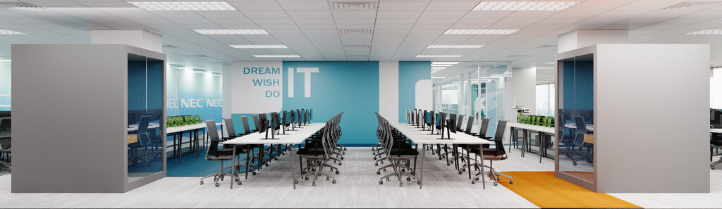 Khu vực làm việc được thiết kế thêm booth thảo luận đảm bảo sự riêng tư