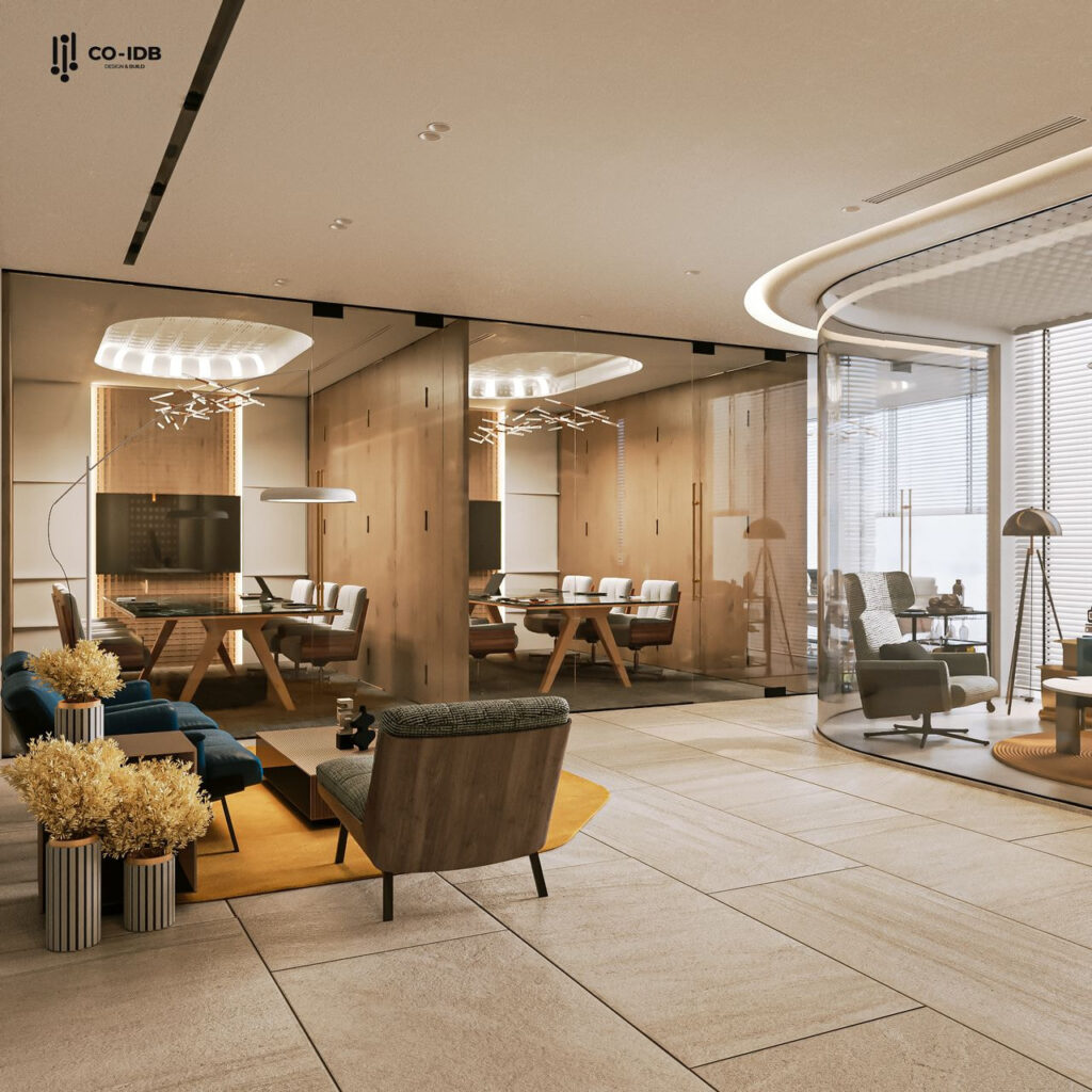 Tổng thể khu lounge và phòng họp bằng kính tại văn phòng