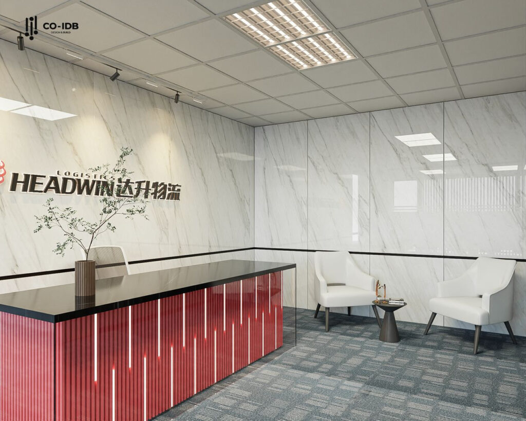 Thiết kế quầy lễ tân sang trọng cùng điểm nhấn ở vách ốp đá marble vô cùng đẹp mắt