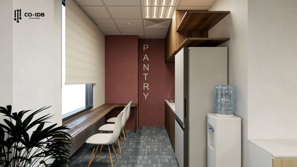 Quầy pantry được lắp đặt hệ tủ kịch trần giúp tăng diện tích lưu trữ