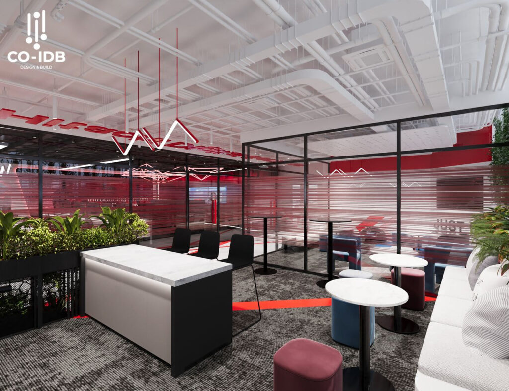 Không gian pantry thể hiện rõ bản sắc doanh nghiệp với gam màu thương hiệu chủ đạo