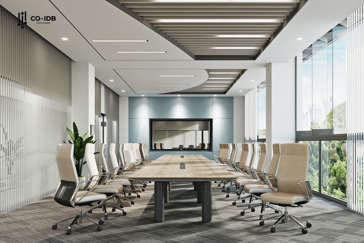 Phòng họp lớn sử dụng tone trung tính, bàn họp dài 20 chỗ ngồi, ánh sáng trần âm và view kính toàn cảnh tạo cảm giác chuyên nghiệp