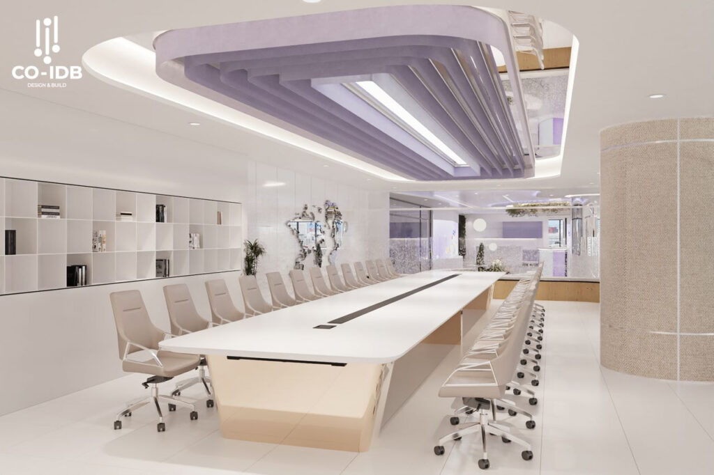 Phòng họp lớn toát lên sự chuyên nghiệp và bố trí thêm tủ âm tường giúp tăng diện tích lưu trữ