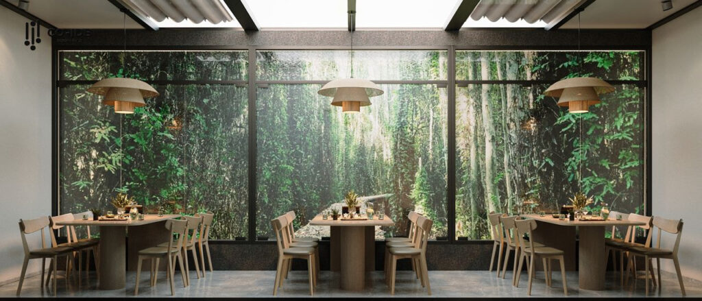 Khu pantry ấm cúng với thiết kế mở, điểm nhấn là bức tranh thiên nhiên mang đến cảm giác thư giãn gần gũi