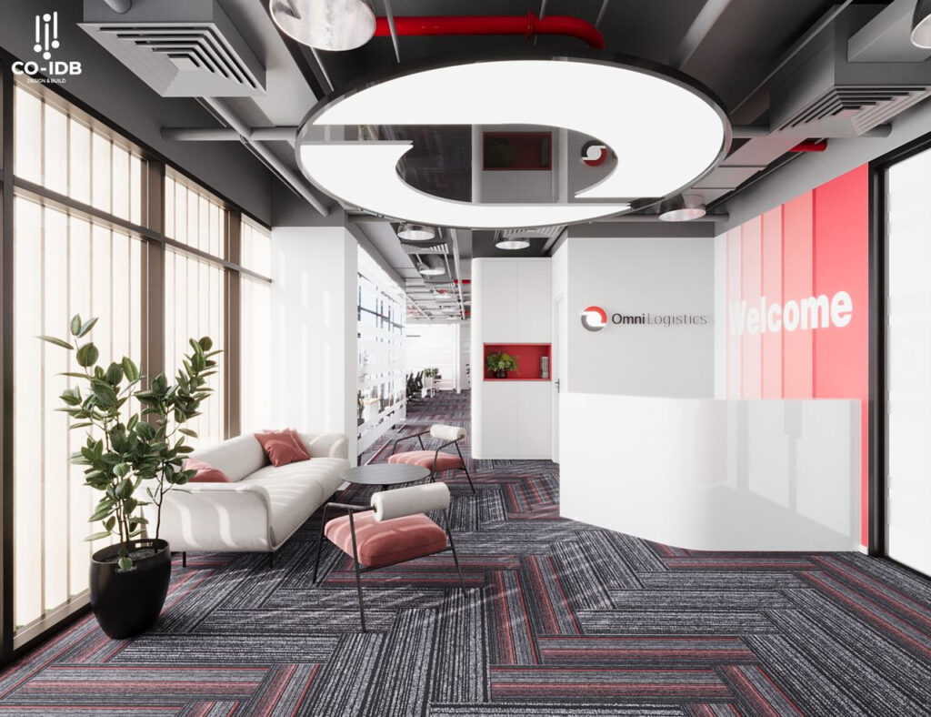 Thiết kế quầy lễ tân hiện đại với tone đỏ, trắng làm tôn lên vẻ mềm mại, nhẹ nhàng