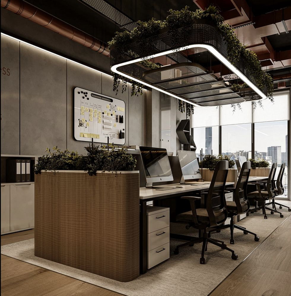 Không gian làm việc hiện đại với điểm nhấn mảng xanh và hệ đèn thả viền LED độc đáo, mang lại cảm giác tươi mới 