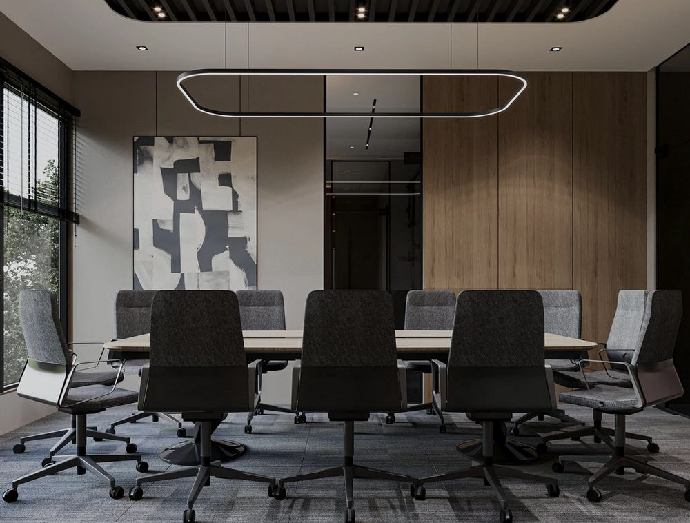 Phòng họp sang trọng với gam màu xám trung tính, bàn họp lớn kiểu dáng hiện đại mang đến không gian đầy tính chuyên nghiệp