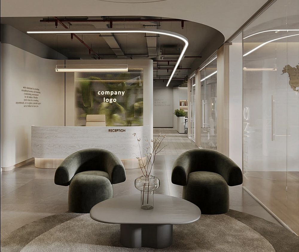 Quầy lễ tân được thiết kế với các đường nét bo tròn tôn lên sự mềm mại cho không gian tổng thể