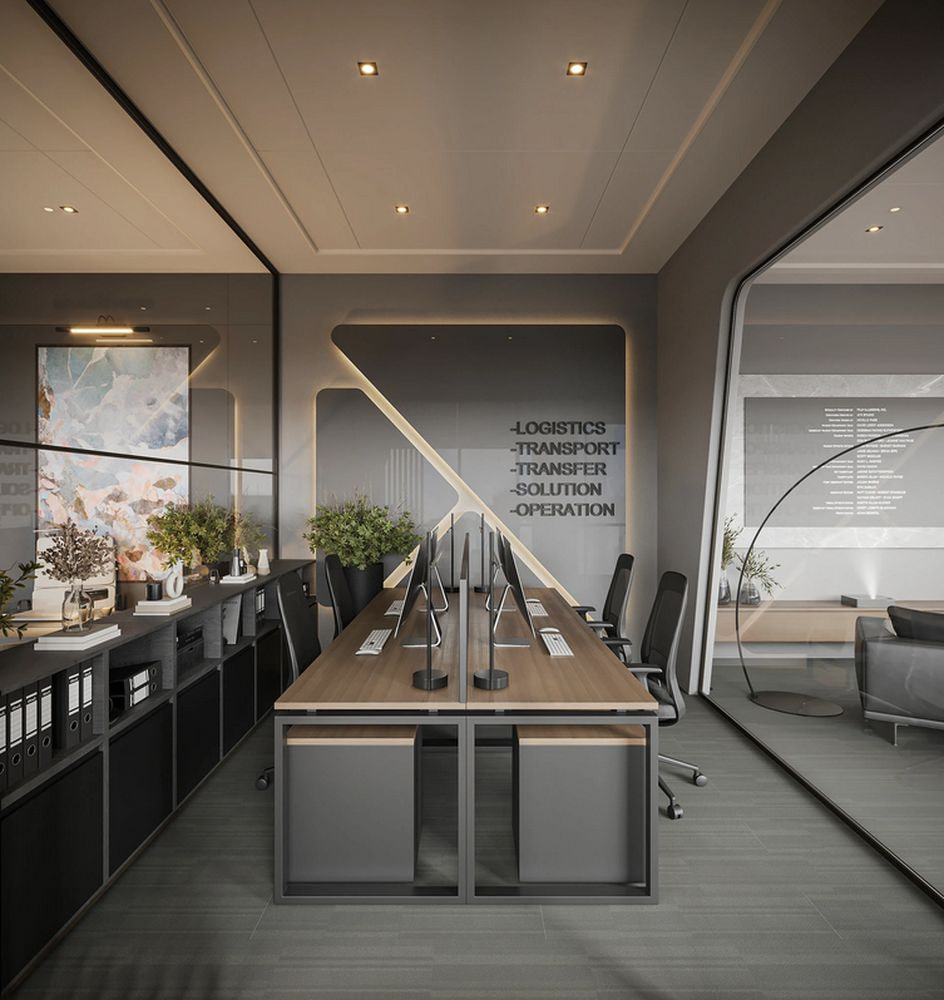 Thiết kế văn phòng sáng tạo với phần vách nổi cùng hệ đèn Led âm đầy ấn tượng