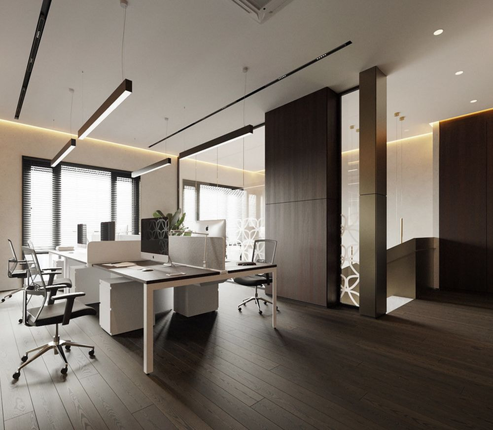 Không gian văn phòng được bố trí thêm đèn Led thả đẹp mắt tập trung ánh sáng vào bàn làm việc 