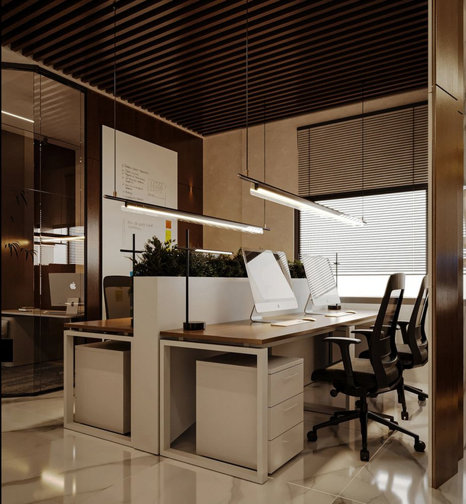 Văn phòng làm việc toát lên vẻ ấm cúng với gam màu kem chủ đạo