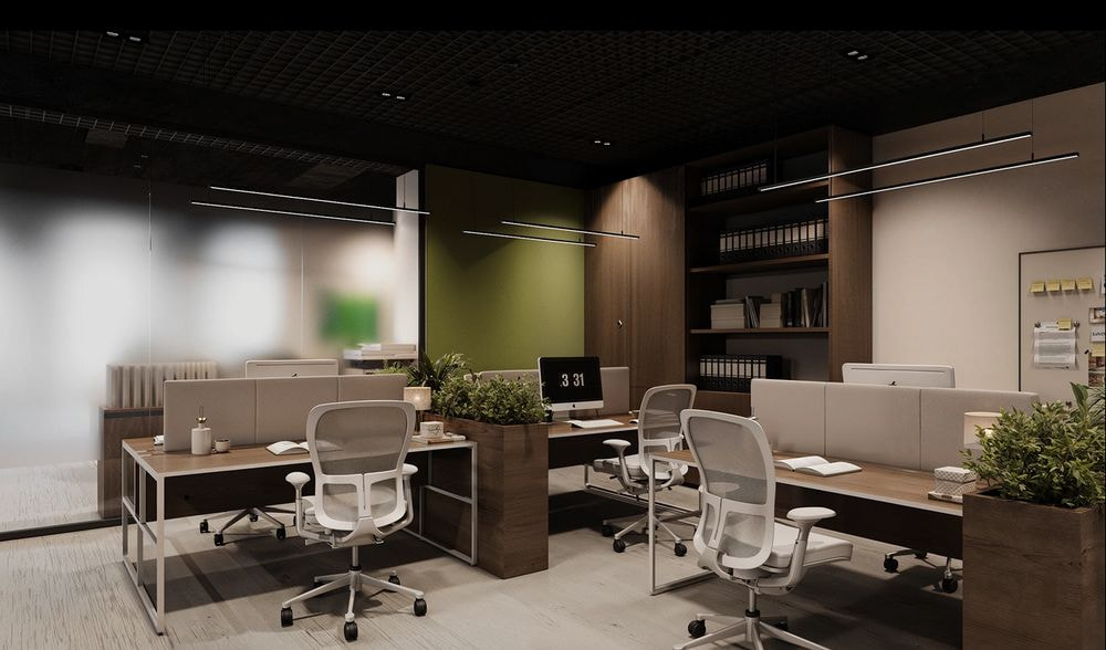 Thiết kế văn phòng mở và ngăn cách bởi chậu cây giúp không gian thêm vẻ sinh động