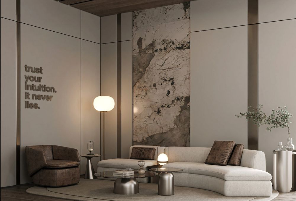 Quầy lễ tân với thiết kế theo phong cách mang hơi hướng Luxury sang trọng cùng điểm nhấn vách ốp đá marble đẹp mắt