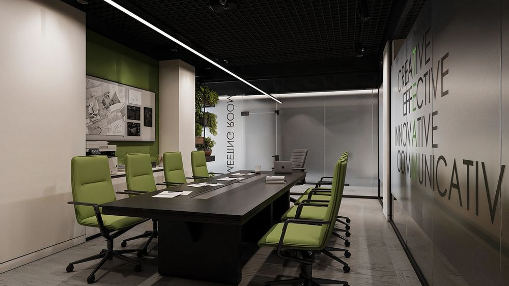Phòng họp hiện đại cùng điểm nhấn mảng tường kính in chữ sáng tạo, mang lại không gian làm việc chuyên nghiệp và tràn đầy cảm hứng
