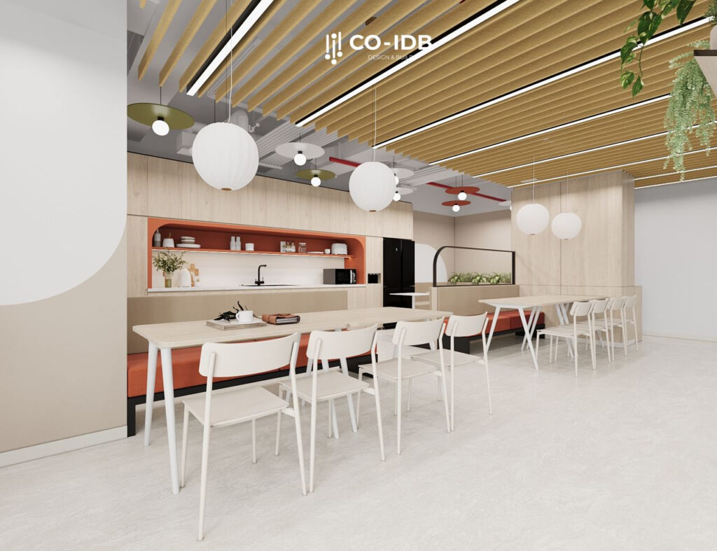 Mẫu thiết kế quầy pantry đầy vẻ tươi sáng, sinh động có thêm điểm nhấn ở hệ trần độc đáo giúp không gian có thêm chiều sâu