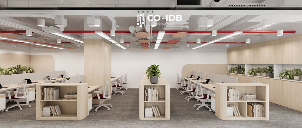 Thiết kế không gian làm việc với tone trắng, nâu gỗ chủ đạo tạo nên vẻ ấm cúng