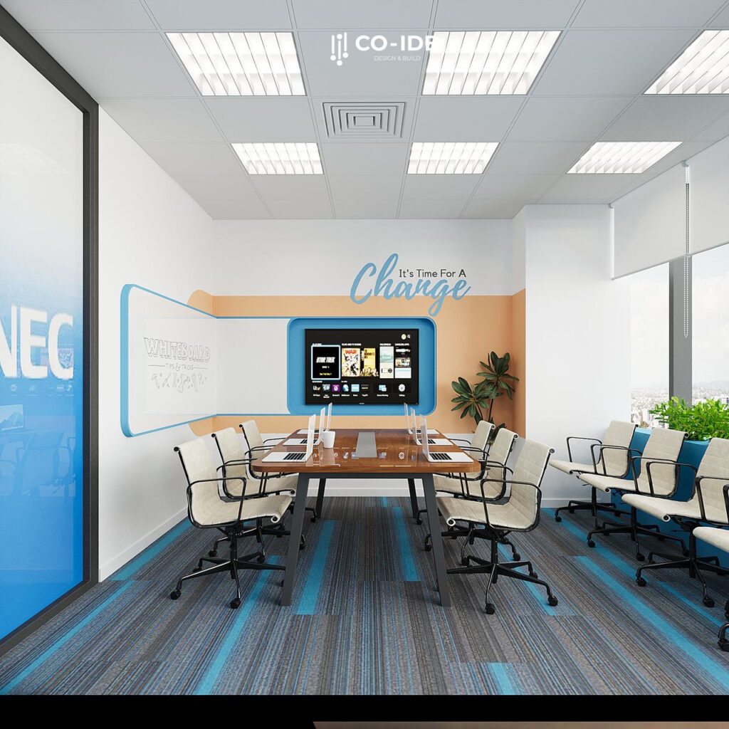 Thiết kế phòng họp với tone xanh chủ đạo, thể hiện đúng với tinh thần lĩnh vực công nghệ