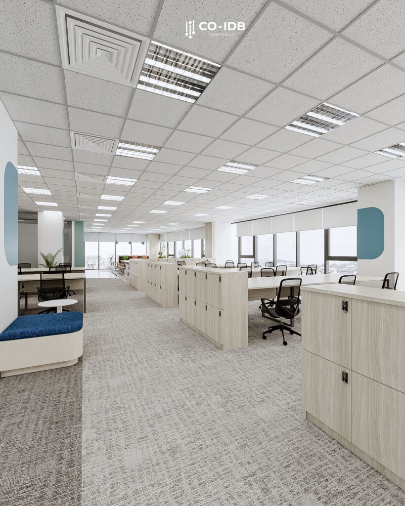 Thiết kế không gian làm việc mở và ngăn cách lối đi bằng hệ tủ giúp không gian được rộng mở hơn