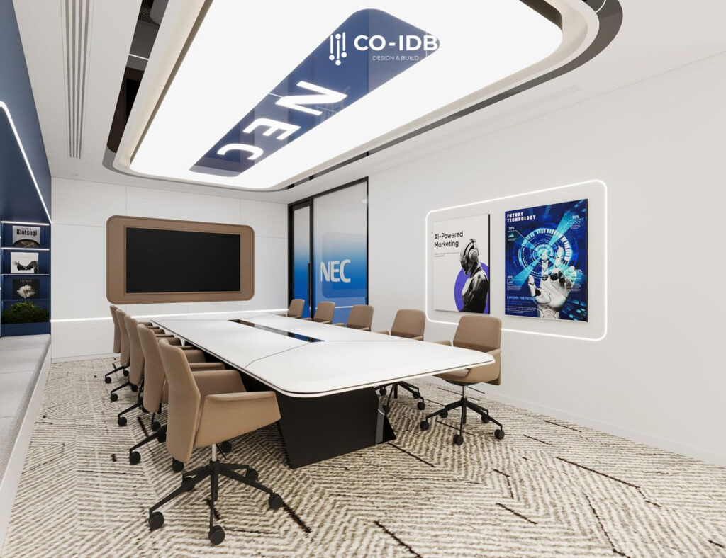 Thiết kế phòng họp sang trọng với bàn họp trung tâm cùng điểm nhấn trang trí không gian truyền cảm hứng công nghệ