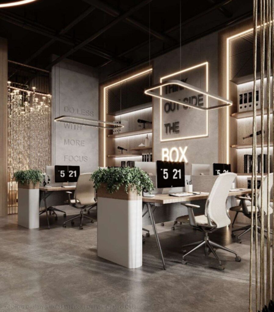 Thiết kế văn phòng mở theo cụm đẹp mắt cùng điểm nhấn ở bảng đèn chữ độc đáo