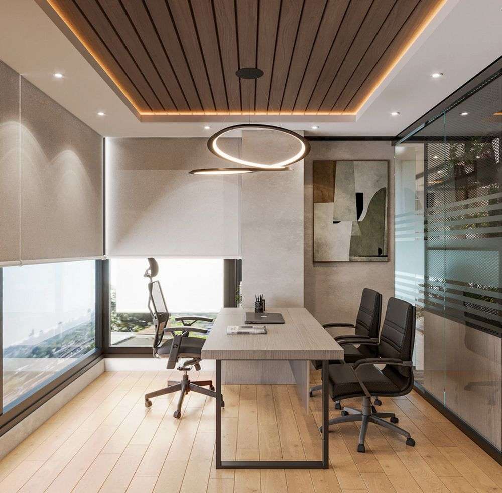 Văn phòng được tôn lên vẻ gần gũi với điểm nhấn hệ trần chìm cùng đèn led âm đẹp mắt