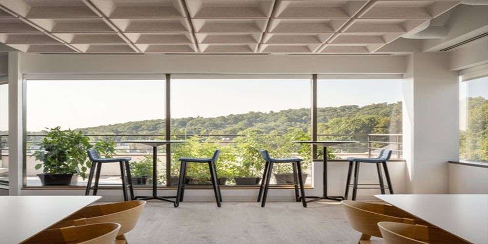 Quầy ăn uống có thêm chiều sâu bởi thiết kế hệ trần kiểu dạng ô vuông chìm vô cùng mới lạ