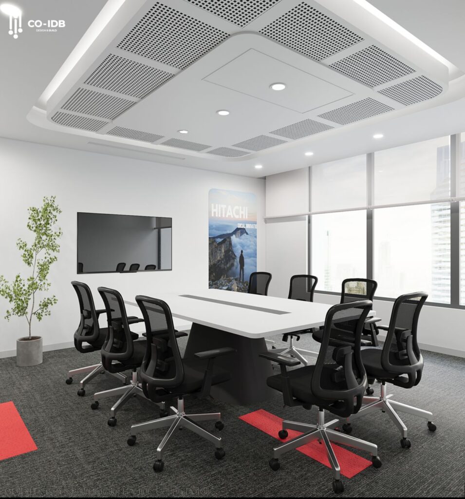 Phòng họp nhỏ vô cùng đẹp mắt cùng hệ trần được thiết kế chìm giúp tạo chiều sâu cho không gian phòng