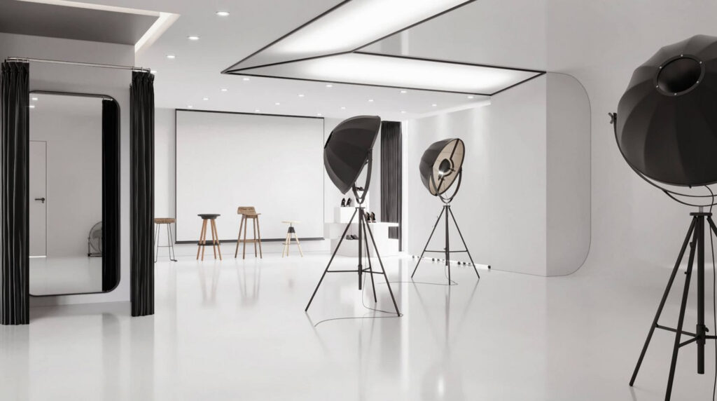 Thiết kế phòng studio thời trang với tone trắng chủ đạo giúp dễ dàng để tùy biến theo các concept khác nhau