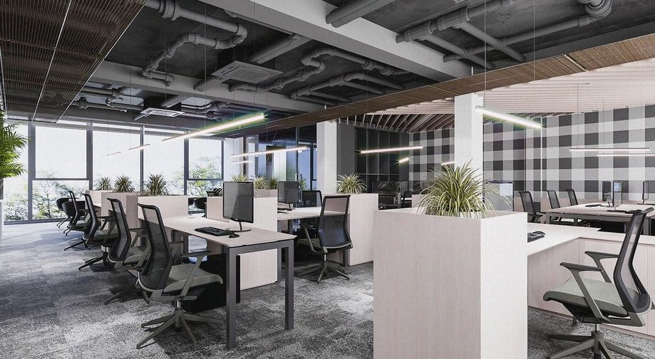 Khu vực làm việc đầy vẻ ấn tượng với điểm nhấn ở hệ trần thô tone đen độc đáo