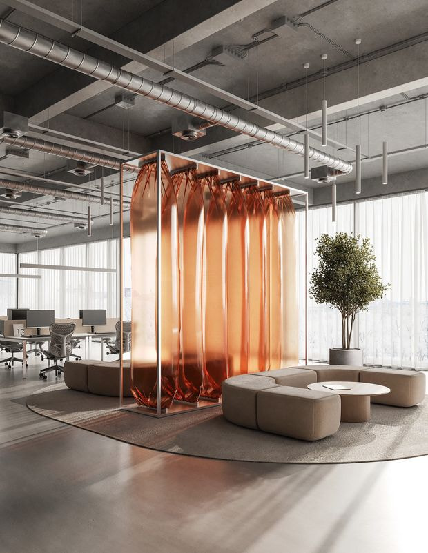Thiết kế văn phòng thời trang đầy sáng tạo với điểm nhấn ở vách ngăn cam nổi bật giúp tạo sự phân chia nhẹ nhàng