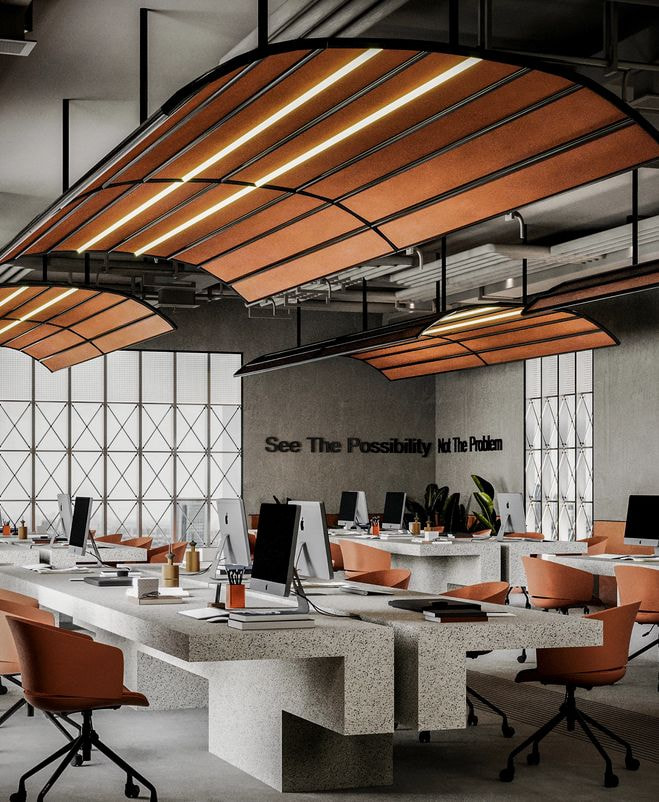 Không gian văn phòng đầy ấn tượng với tone xám, cam chủ đạo thể hiện rõ nét hình ảnh thương hiệu