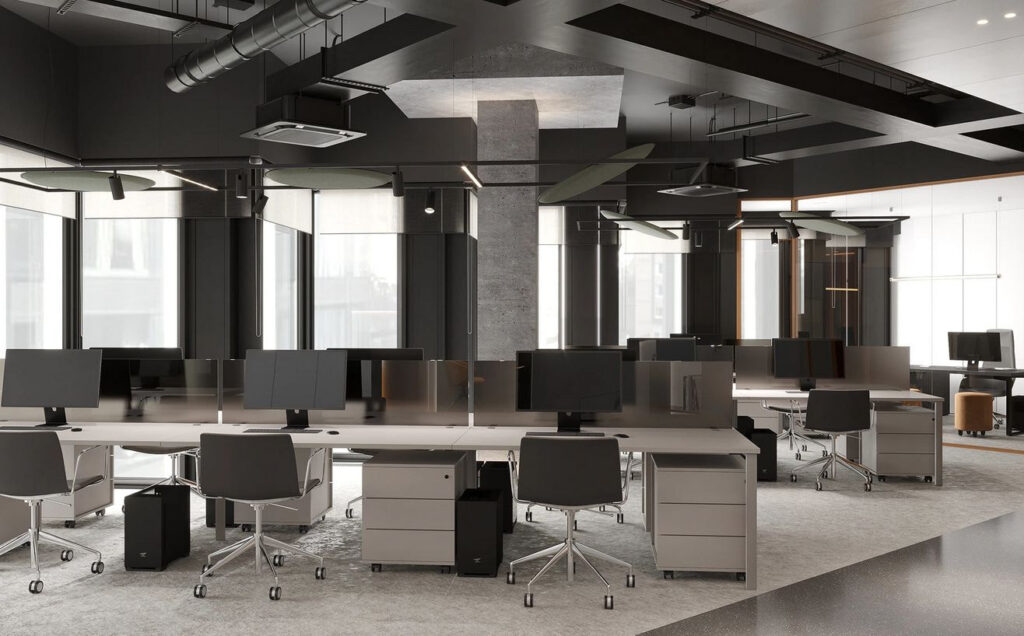 Khu vực làm việc công ty thời trang mang hơi thở Industrial đầy vẻ cá tính