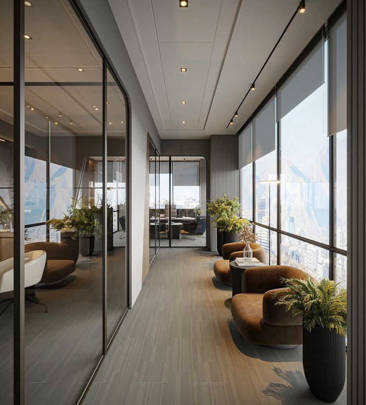 Thiết kế văn phòng công ty thời trang vô cùng thông thoáng và sử dụng vách ngăn kính ngăn cách giữa các phòng giúp tối ưu không gian