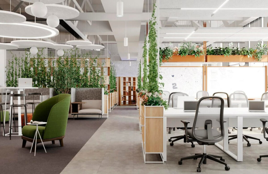 Thiết kế văn phòng toát lên vẻ nhẹ nhàng và được điểm thêm điểm nhấn ở bức tường cây leo vô cùng độc đáo