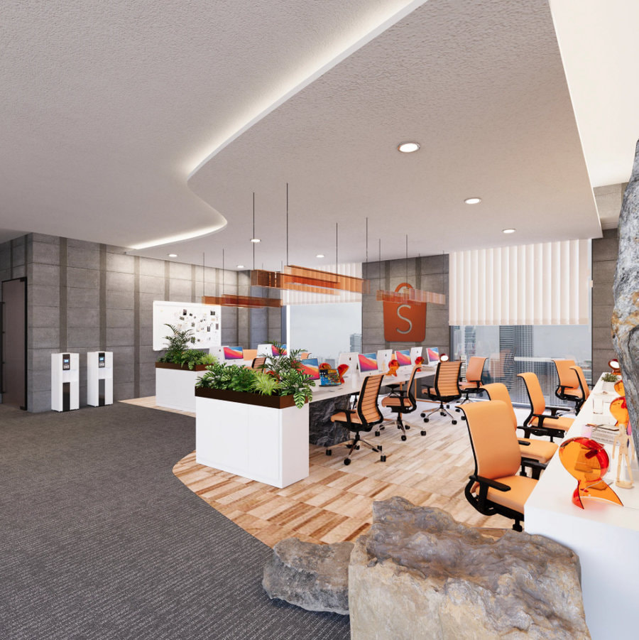 Không gian văn phòng được nhấn bằng sắc cam giúp thể hiện rõ nét độ nhận diện thương hiệu