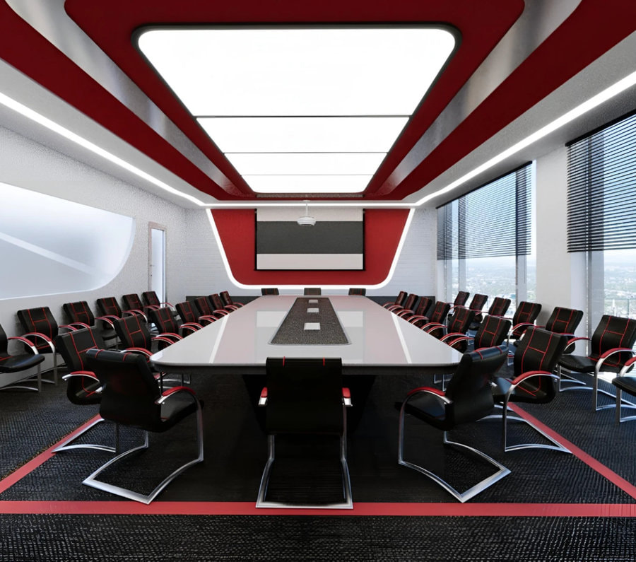 Phòng họp được tô điểm với tone đỏ đen chủ đạo thể hiện rõ nét bản sắc của thương hiệu
