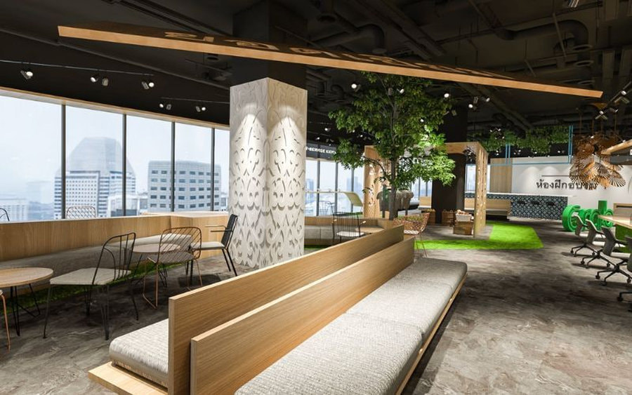 Khu vực trao đổi sử dụng đồng bộ chất liệu gỗ mang đến vẻ ấm cúng, gần gũi