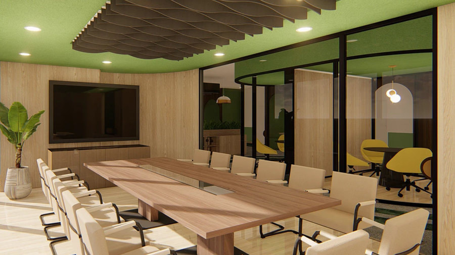 Phòng họp được thiết kế với chất liệu gỗ chủ đạo mang đến vẻ đẹp đầy ấm cúng