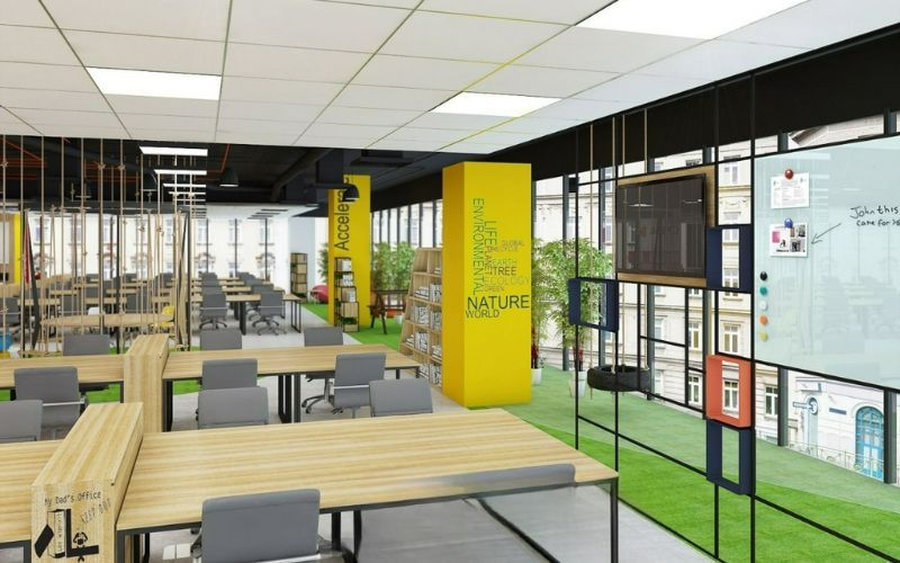 Khu vực làm việc thiết kế theo phong cách hiện đại thể hiện sự chuyên nghiệp của văn phòng công nghệ