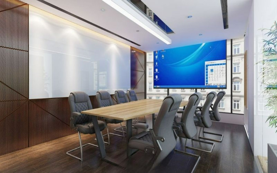 Phòng họp toát lên vẻ sang trọng với chất liệu gỗ tối màu được sử dụng chủ đạo