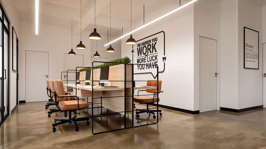 Thiết kế văn phòng Coworking đơn giản đầy vẻ tinh tế cùng điểm nổi bật ở decal slogan trang trí cực đẹp mắt
